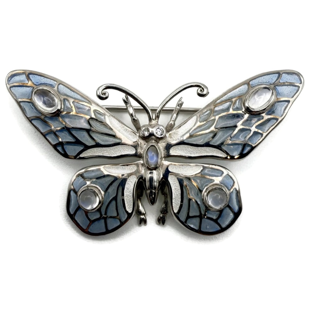Nicolle Barr Butterfly Brooch Blue Plique-a-Jour Moonstone Sterling Silver 925